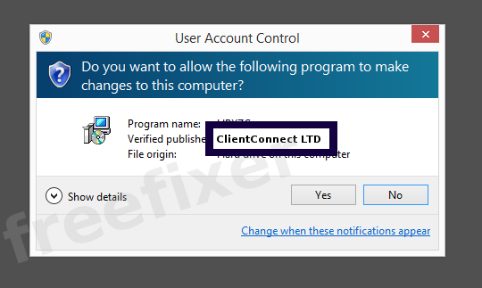 Screenshot where ClientConnect LTD appears as the verified publisher in the UAC dialog